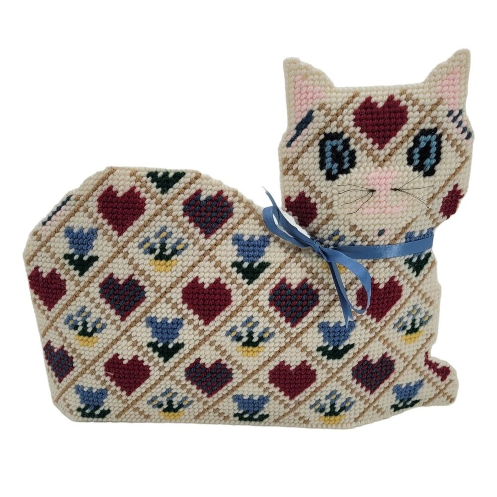 Handmade 3 D Kitty Cat Needlepoint Kitty With Hearts, Flowers On Plastic Canvas